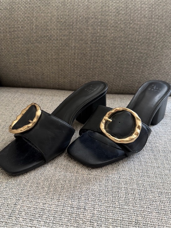 a new day Shoes - A New Day- Black Slide Heeled Sandals with Gold Buckle